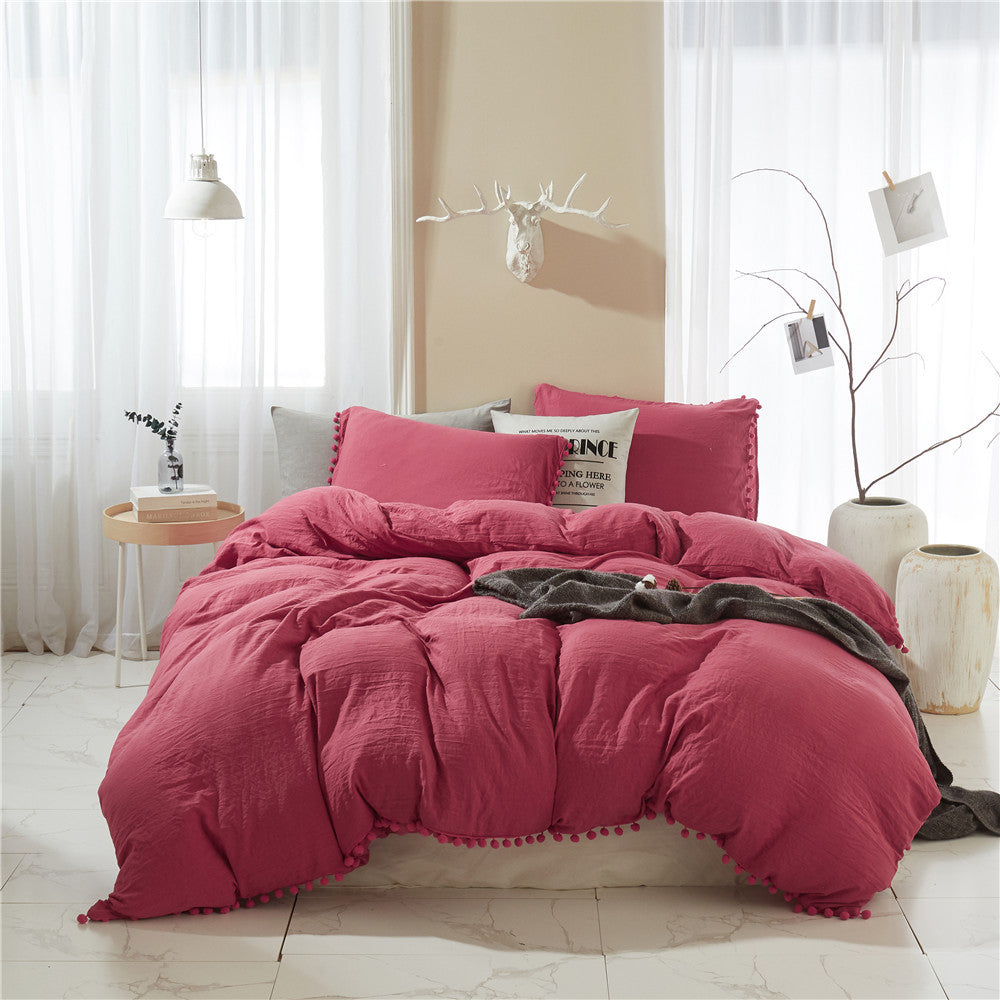 Solid Color Washed Ball Tassel Duvet Cover Set - 3 Pieces - Calm Cloud Bedding